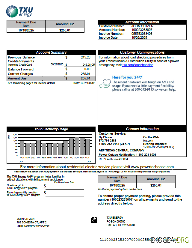 USA TXU Energy utility bill template in Word and PDF formats, version 5